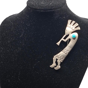 Vintage Sterling Silver Turquoise Kokopelli Brooch Indigenous 3&quot; EP Marked