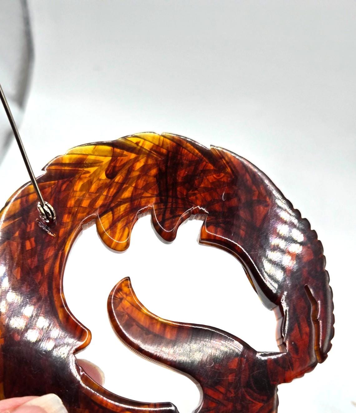 Antique Carved Bakelite Dragon/serpent Brooch Root Beer  Vintage Bakelite Carved Serpent Wide  Bar Brooch Pin main image 2