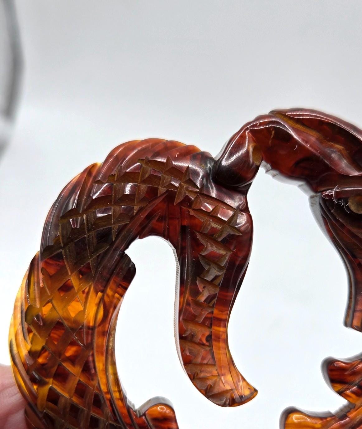 Antique Carved Bakelite Dragon/serpent Brooch Root Beer  Vintage Bakelite Carved Serpent Wide  Bar Brooch Pin main image 0