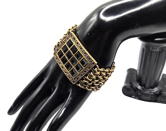 MYKA signed vintage black swarovski crystal brass chunky chain bracelet  1.25"