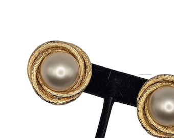CINER signed vintage clip on earrings faux pearl and gold rope clip ons