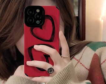 Coque de portable coeur rouge, coque de portable double coeur, coque de portable coeur rouge, iPhone 11 12 13 14 15, coque de protection pour iPhone, cadeau pour elle