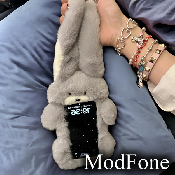 Grey Fur Rabbit iPhone Case, Cute Grey Rabbit Phone Case, iPhone 11 12 13 14 15, Soft Fluffy Phone Case, Gift for Girlfriend, Gift for Her