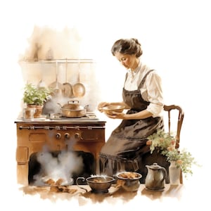 7 Clipart de mulher aquarela cozinhando, cozinha aconchegante de chalé, charme vintage rústico, png de cozimento e cozimento, clipart de cozinha, uso comercial gratuito