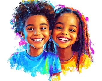 Puede incluir: Dos niños pequeños con piel oscura y grandes sonrisas, uno con el pelo rizado y una camisa azul, el otro con trenzas largas y una camisa amarilla, sobre un fondo colorido.