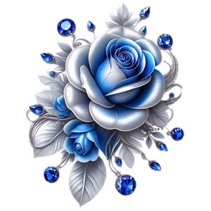 May include: A digital illustration of a blue and silver rose arrangement. The rose petals are a gradient of blue and silver, accented with blue gemstones and silver chains. The leaves are silver.