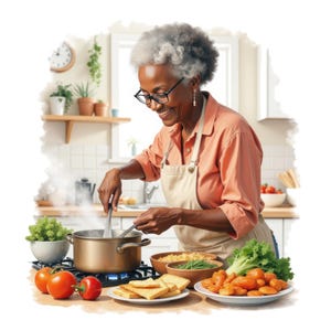 7 aquarela idosa mulher negra cozinhando clipart, mulher afro-americana cozinheira, cozinhando assando png, avó cozinha clipart