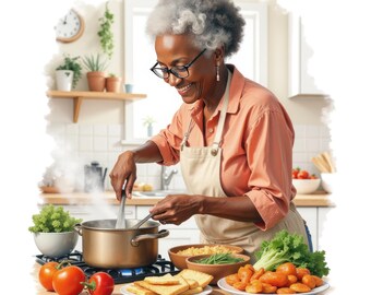 7 Imágenes prediseñadas de mujer negra mayor cocinando en acuarela, mujer afroamericana cocinera, cocinando y horneando PNG, imágenes prediseñadas de cocina de abuela