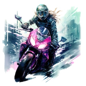 7 acuarela afroamericana mujer motociclista clipart, mujer negra motociclista png, motociclista de ciudad futurista, sublimación png, uso comercial completo