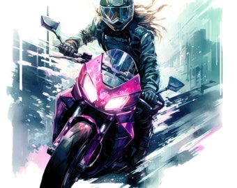 7 Watercolor Afro American Female Biker Clipart, Black Woman Biker Png, Futuristic City Biker, Sublimation Png, Full Commercial Use