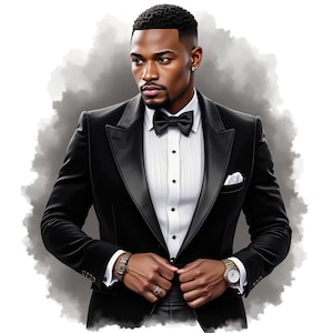 7 imágenes prediseñadas de hombre negro con traje en acuarela, hombre de negocios afroamericano, moda de lujo, esmoquin, uso comercial gratuito