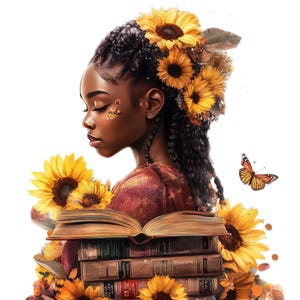 7 aquarel zwart meisje boeken illustratie, boekenliefhebber png, leesgrage zwarte meid, boeken, boekenwurm clipart, gratis commercieel gebruik