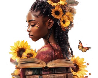 7 Watercolor Black Girl Books Illustration, Book Lover Png,Bookish  Black Girl , Books, Bookworm  Clipart, Free Commercial Use