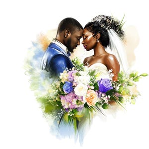 7 imágenes prediseñadas de boda afroamericana romántica en acuarela, amor negro romántico PNG, imágenes prediseñadas de amantes, imágenes prediseñadas de novios nupciales