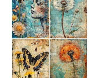 Watercolor Digital Vintage Dandelions Junk Journal Pages, Digital Paper, Scrapbooking,  Printable Flowers, Crafting Supplies