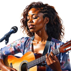 7 acquerello donna afroamericana che canta e suona la chitarra clipart, cantante donna nera e chitarrista Png, amante della musica Png