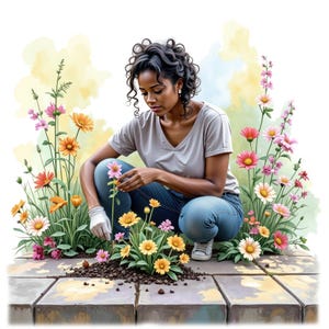 7 Clipart de jardinage aquarelle femme noire, fille de fermiers Png, jardinier, agriculteur, vie à la ferme, fleurs de printemps