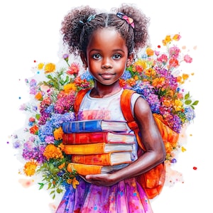 7 aquarel zwart meisje boekenwurm illustraties, schoolse meisje, boekenliefhebber png, Afrikaans Amerikaans meisje lezen, gratis commercieel gebruik