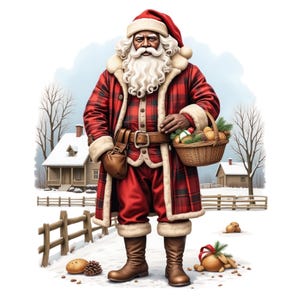 7 aquarelles clipart père Noël afro-américain, père Noël noir vintage Png, clipart scène de Noël, usage Commercial complet