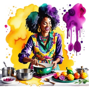 7 Clipart de mulher negra aquarela cozinhando, mulher afro-americana cozinheira, cozinhar assando png, clipart de cozinha estilo boho, uso comercial gratuito
