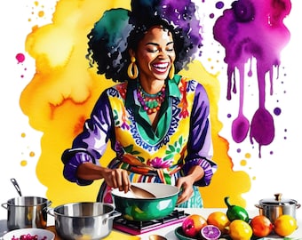 7 imágenes prediseñadas de mujer negra cocinando en acuarela, mujer afroamericana cocinera, imágenes PNG de cocina y repostería, imágenes prediseñadas de cocina estilo boho, uso comercial gratuito.
