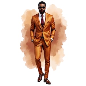 May include: A man wearing a brown suit with a burgundy tie and sunglasses. The suit is made of satin and has a slim fit.