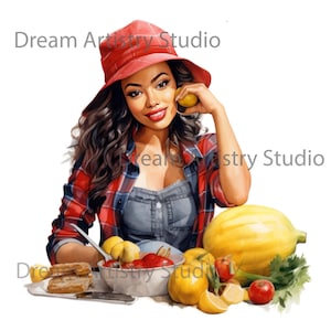 7 aquarelle femme noire agriculteur Clipart, fille de fermiers Png, récolte, jardinier, conception de sublimation de la vie à la ferme