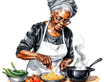 7 Imágenes prediseñadas de mujer negra mayor cocinando en acuarela, mujer afroamericana cocinera, imágenes prediseñadas de cocina y horneado, uso comercial gratuito