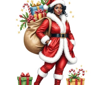 May include: A woman dressed in a red Santa Claus outfit, complete with a hat, coat, and pants trimmed with white fur. She carries a large sack filled with gifts and stands near wrapped presents and candy canes, all against a white background.