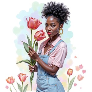 7 Clipart de jardinage aquarelle femme noire, fille de fermiers Png, jardinier, agriculteur, vie à la ferme, fleurs de printemps