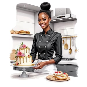 Aquarel zwarte vrouw chef-kok clipart, Afro-Amerikaanse chef-kok png, koken bakken png, keuken illustraties, bakkerij banketbakker