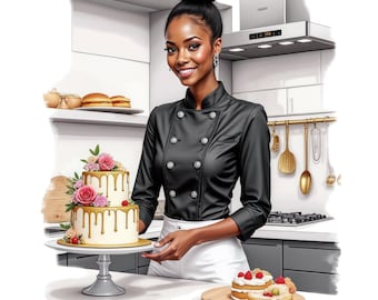 Watercolor Black Woman Chef Clipart, Afro American  Chef Png, Cooking Baking Png,  Kitchen Clip art, Bakery Pastry Chef