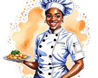 Watercolor Black Woman Chef Clipart, Afro American  Chef Png, Cooking Baking Png,  Kitchen Clip art, Free Commercial Use