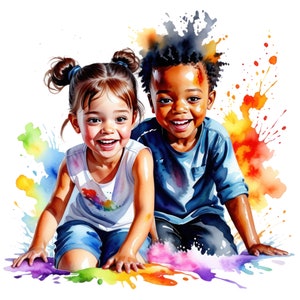 7 bambini neri felici dell'acquerello che giocano clipart, Png per bambini afroamericani, uso commerciale