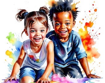 May include: Two children, a girl with brown hair and a boy with black hair, are smiling and playing in a colorful watercolor background. The girl is wearing a white tank top and blue shorts, while the boy is wearing a blue shirt and jeans.