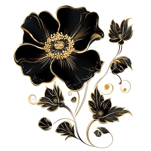 7 Flores Pretas Douradas PNG, Clipart de Flores para Imprimir, Clipart de Papoulas em Aquarela para Sublimação, Uso Comercial