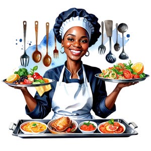 Aquarel zwarte vrouw chef-kok clipart, Afro-Amerikaanse chef-kok png, koken bakken png, keuken illustraties, gratis commercieel gebruik
