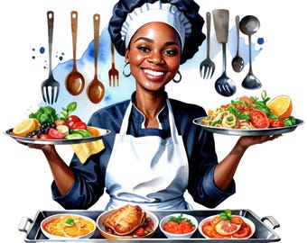 Watercolor Black Woman Chef Clipart, Afro American  Chef Png, Cooking Baking Png,  Kitchen Clip art, Free Commercial Use