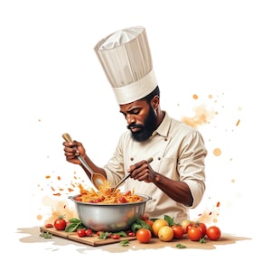 8 Clipart de Chef de Homem Negro em Aquarela, Chef Afro Americano Png, Cozinhar Assando Png, Clip art de Cozinha, Uso Comercial Gratuito