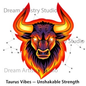 Può includere: Illustrazione digitale di una testa di toro con accenti arancioni e gialli infuocati, che rappresenta il segno zodiacale del Toro. Gli occhi del toro brillano e l'immagine include il testo "Taurus Vibes - Unshakable Strength."