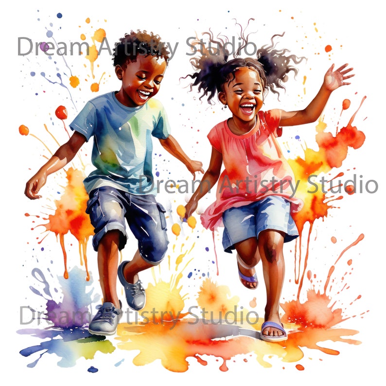 7 Watercolor Happy Black Kids Playing Clipart, Afro American Childrenr ...