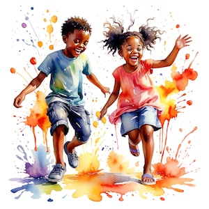 7 aquarel gelukkige zwarte kinderen spelen clipart, Afro-Amerikaanse kinderen PNG, commercieel gebruik