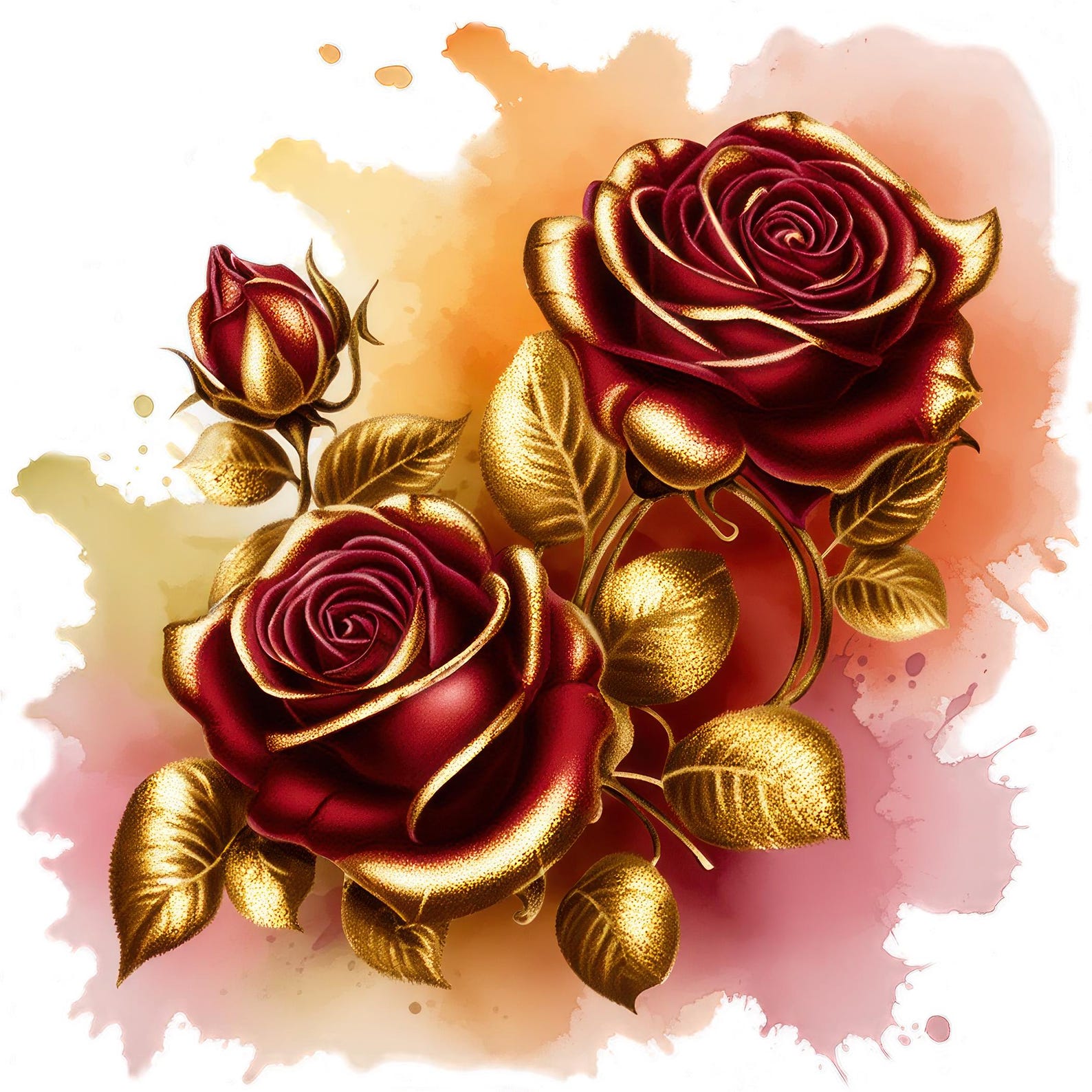 Red Gold Roses Image 7 Red Gold Roses Flowers Png, Roses Watercolor Clipart, Commercial Use ...