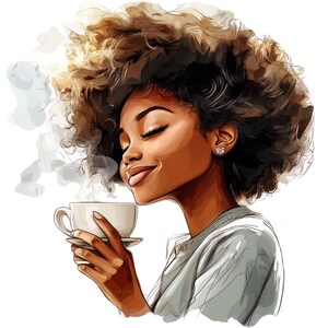 Aquarel zwart meisje drinkt koffie Illustraties, vrouw en koffie png, koffieliefhebber