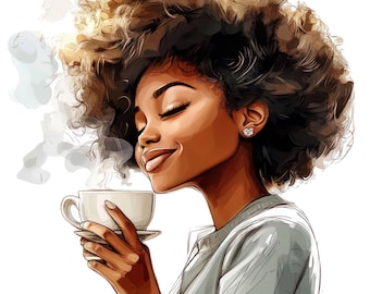 Aquarel zwart meisje drinkt koffie Illustraties, vrouw en koffie png, koffieliefhebber