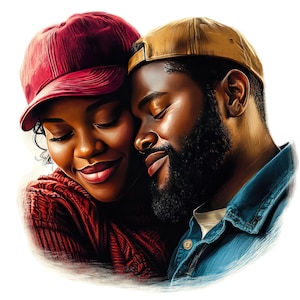 7 imágenes prediseñadas de pareja afroamericana romántica de San Valentín en acuarela, amor negro romántico PNG, imágenes prediseñadas de amantes