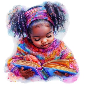 7 aquarel zwart meisje boekenwurm illustraties, schoolse meisje, boekenliefhebber png, Afrikaans Amerikaans meisje lezen, gratis commercieel gebruik