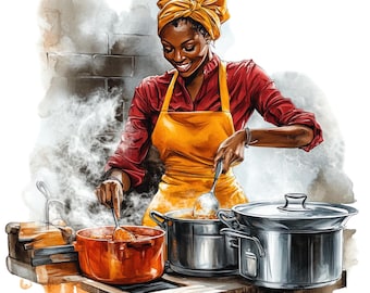 7 Imágenes prediseñadas de mujer negra cocinando en acuarela, mujer afroamericana cocinera, imágenes prediseñadas de cocina y horneado, uso comercial gratuito