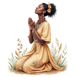 8 aquarel zwart meisje bidden illustraties, Afro-Amerikaanse vrouw gebed png, religieuze clipart, gratis commercieel gebruik
