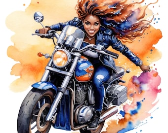 7 Watercolor Afro American Female Biker Clipart, Black Woman Biker Png,  City Biker, Biker Sublimation Png, Full Commercial Use